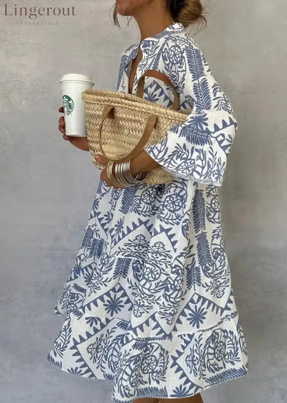 Blue V-Neck 3/4 Sleeve Mini Dress