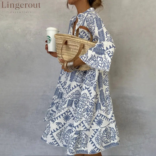 Blue V-Neck 3/4 Sleeve Mini Dress - Blue / S