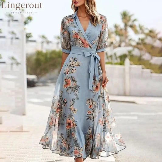 Blue V-Neck Short Sleeve Midi Dress - Blue / S