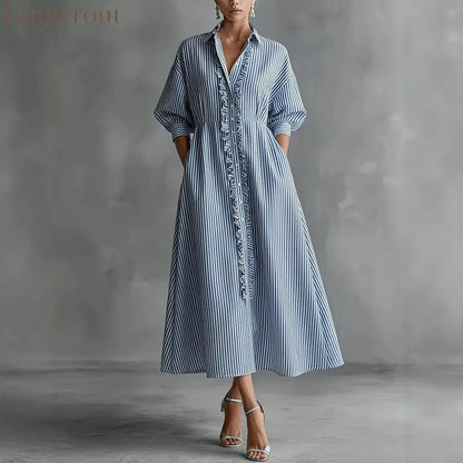 Blue‑White Stripe Ruffle Trim Shirt Midi Dress