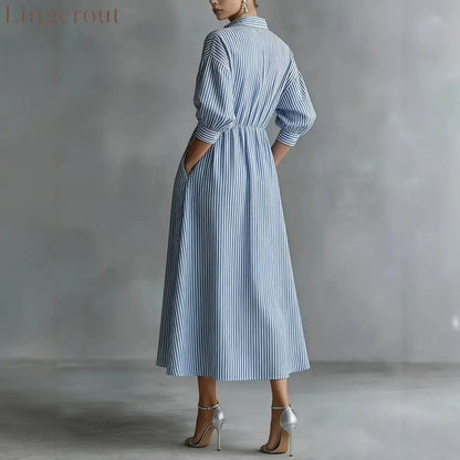 Blue‑White Stripe Ruffle Trim Shirt Midi Dress