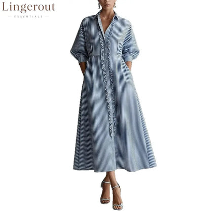 Blue‑White Stripe Ruffle Trim Shirt Midi Dress