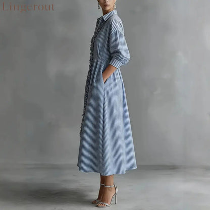 Blue‑White Stripe Ruffle Trim Shirt Midi Dress