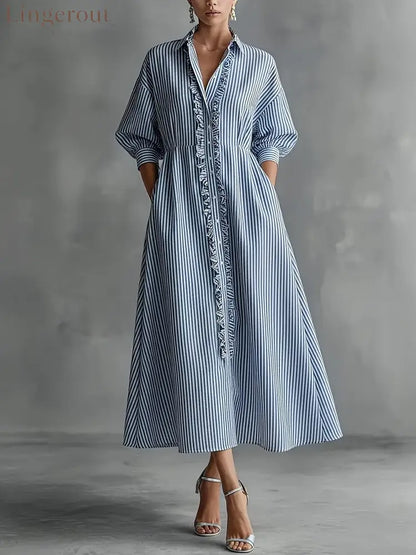 Blue‑White Stripe Ruffle Trim Shirt Midi Dress - Blue stripes / S