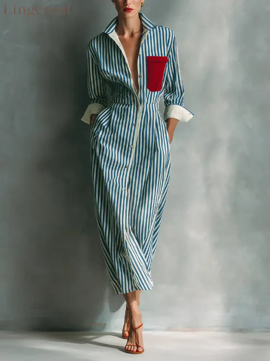 Blue White Vertical Stripe Contrast Red Pocket Midi Shirt Dress