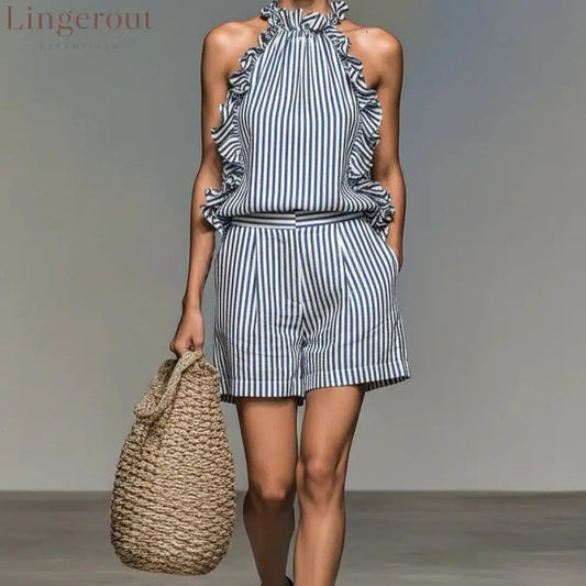 Blue White Vertical Stripe Ruffle Halter Top & High Waist Pocket Shorts 2 Piece Co-Ord Set