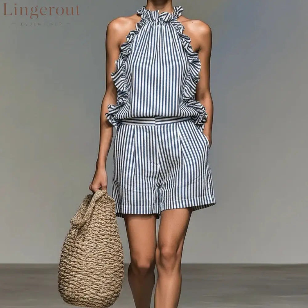 Blue White Vertical Stripe Ruffle Halter Top & High Waist Pocket Shorts 2 Piece Co-Ord Set