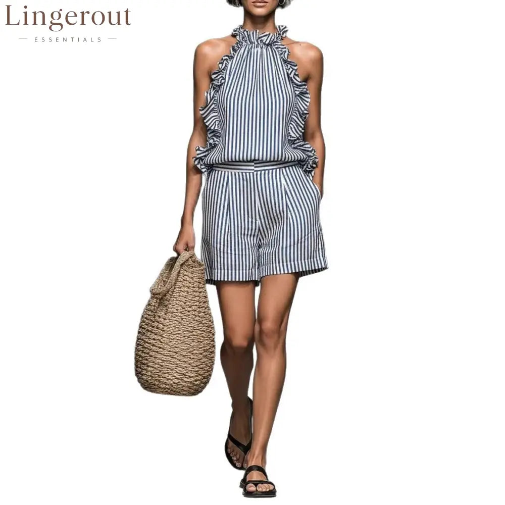 Blue White Vertical Stripe Ruffle Halter Top & High Waist Pocket Shorts 2 Piece Co-Ord Set