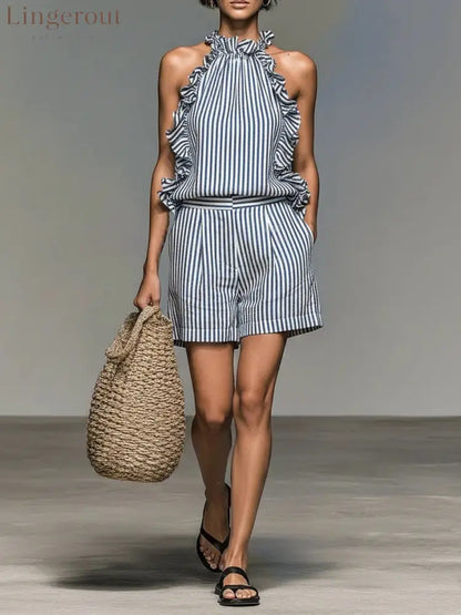 Blue White Vertical Stripe Ruffle Halter Top & High Waist Pocket Shorts 2 Piece Co-Ord Set - Blue and white stripes / S