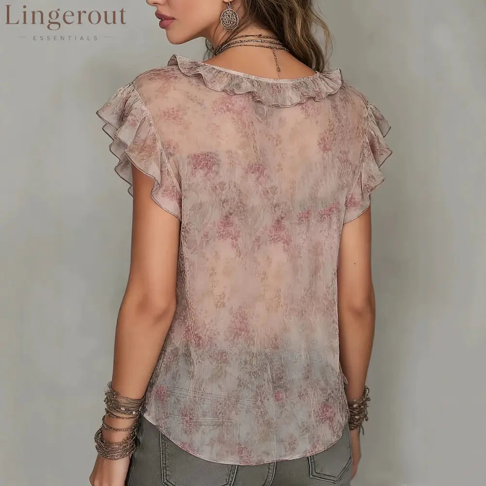 Blush Floral Ruffled Chiffon Blouse