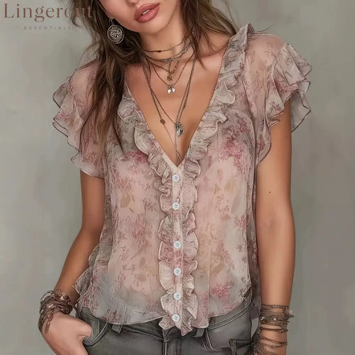 Blush Floral Ruffled Chiffon Blouse