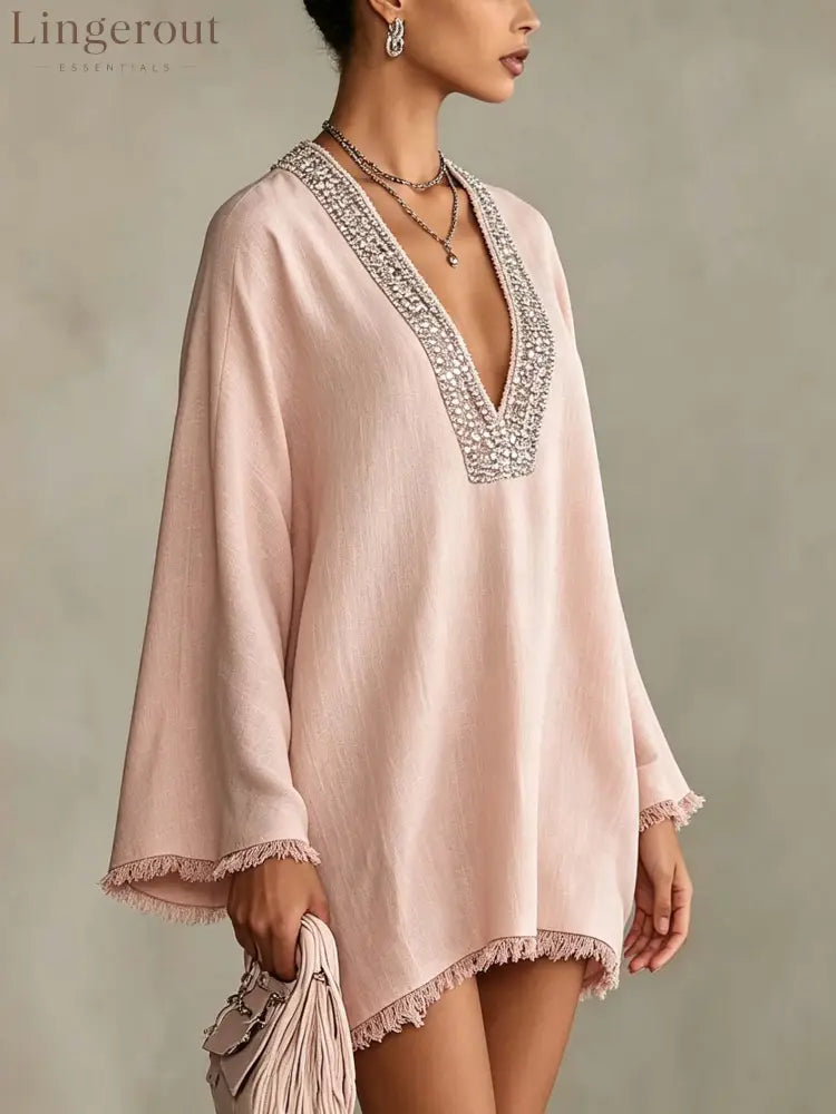 Blush Pink Linen Mini Dress With Rhinestone Trim And Fringe Hem