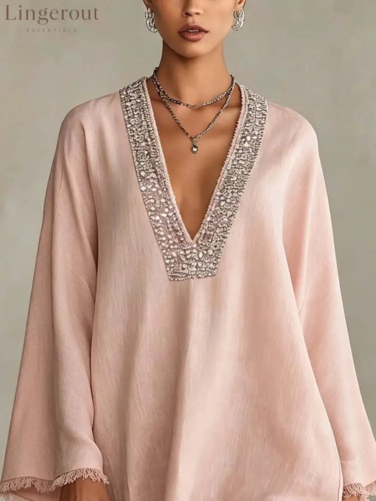 Blush Pink Linen Mini Dress With Rhinestone Trim And Fringe Hem