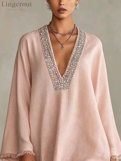 Blush Pink Linen Mini Dress With Rhinestone Trim And Fringe Hem