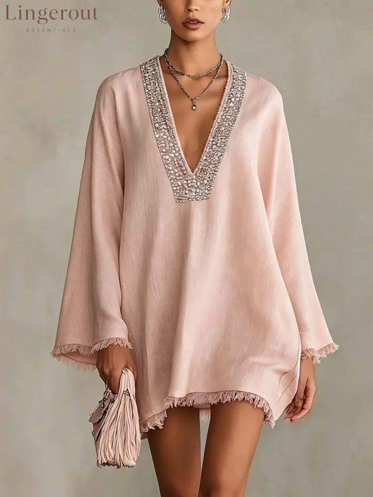 Blush Pink Linen Mini Dress With Rhinestone Trim And Fringe Hem