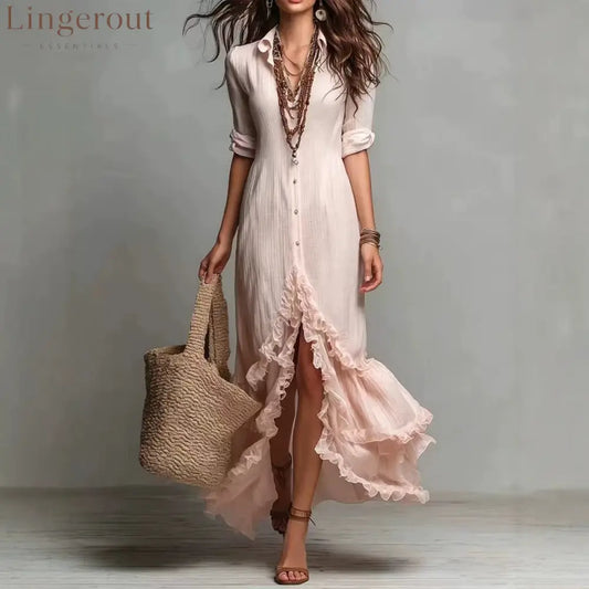 Blush Ruffle Hem Button Down Shirt Maxi Dress