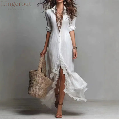 Blush Ruffle Hem Button Down Shirt Maxi Dress