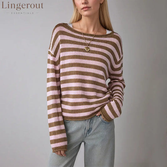 Amazon’S New Cross-Border Solid Color Striped European And American Style Pullover Sweater Loose Round Neck Casual
