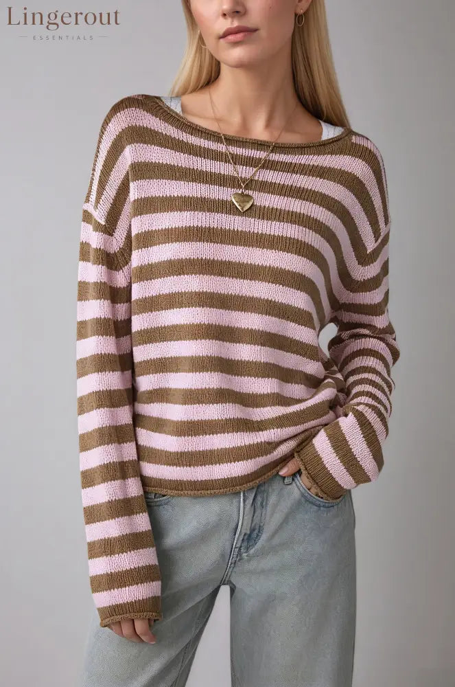 Amazon’S New Cross-Border Solid Color Striped European And American Style Pullover Sweater Loose Round Neck Casual