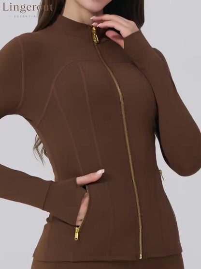 Body Shaping Yoga Set Gold Zip Up Jacket With Pockets