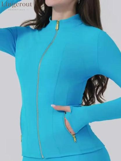 Body Shaping Yoga Set Gold Zip Up Jacket With Pockets