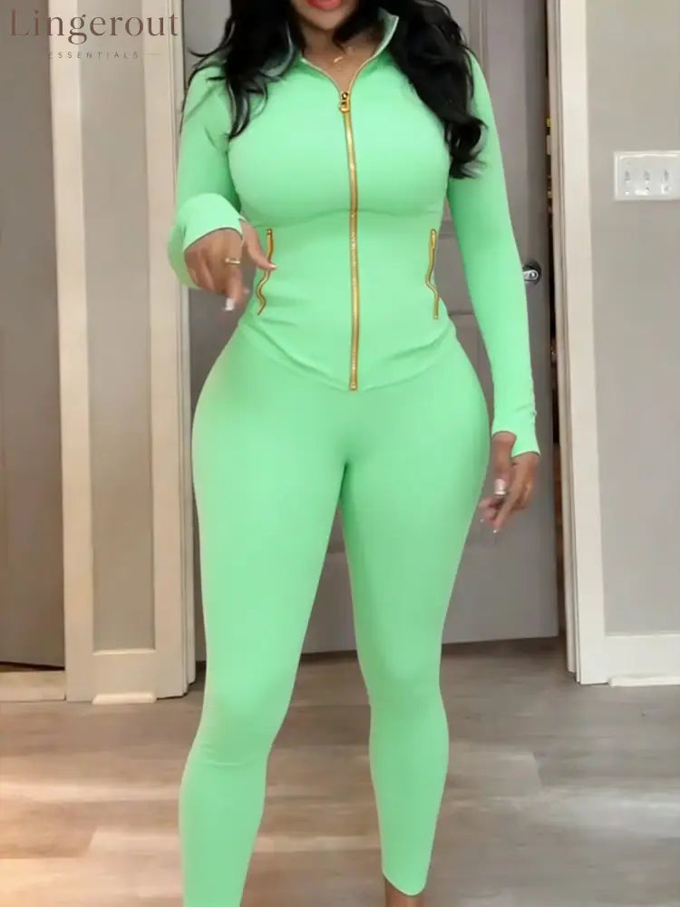 Body Shaping Yoga Set Gold Zip Up Jacket With Pockets - LightGreen / S