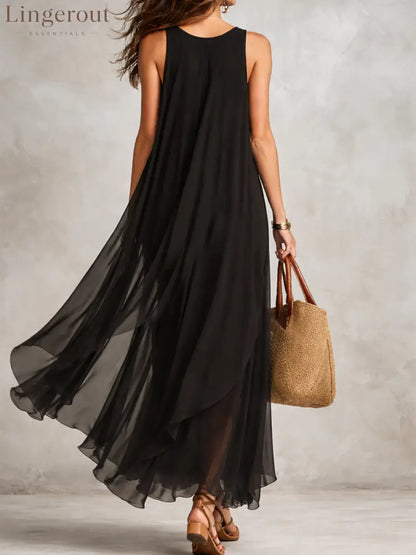 Bohemian Black Layered Chiffon Maxi Dress