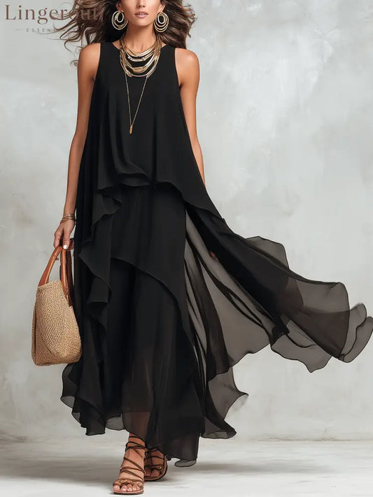 Bohemian Black Layered Chiffon Maxi Dress - Black / XS