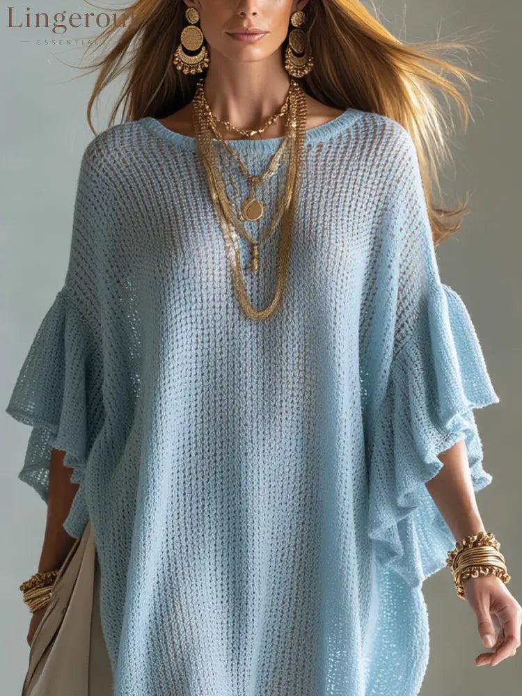 Bohemian Blue Knitted Mini Dress - Short Sleeve Mini Dress