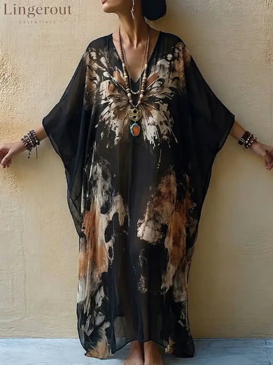 Bohemian Butterfly-print Flowy Maxi Dress - Black / S