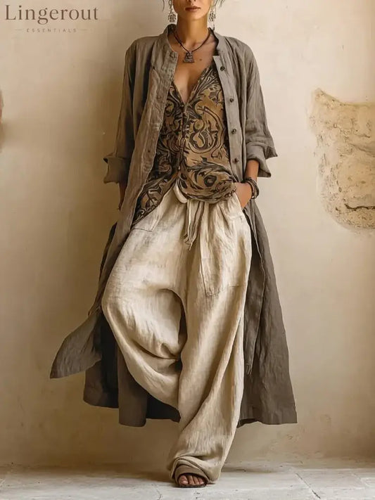 Bohemian Linen And Cotton Long Cardigan And Sleeveless Top And Pants Three-piece Set - Brown / S