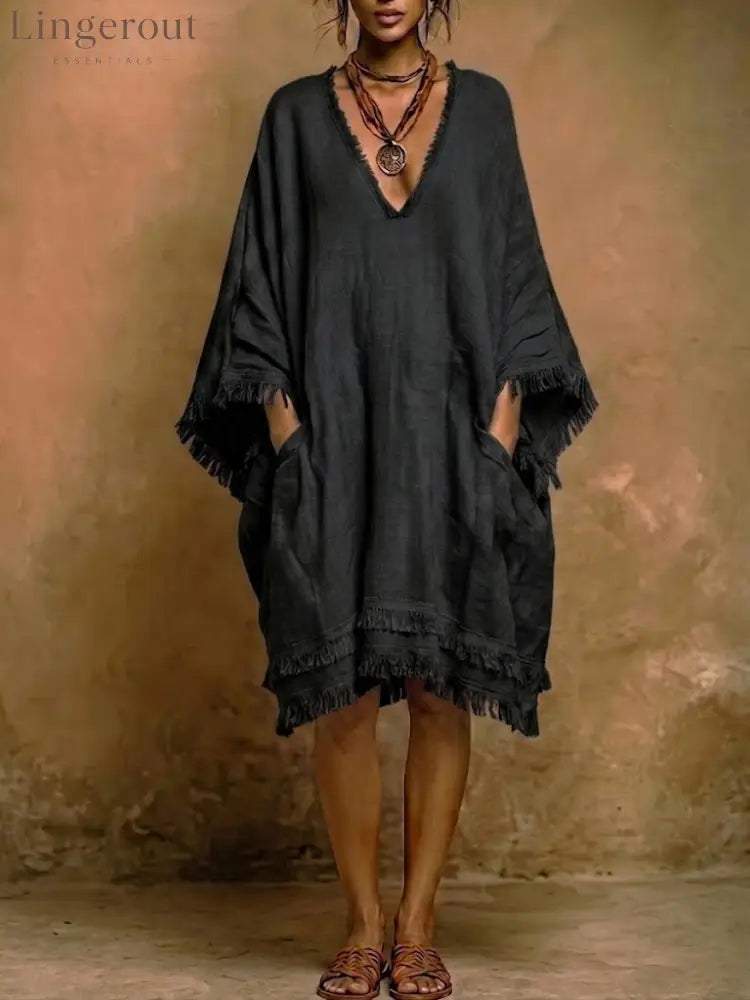 Bohemian Loose-fit Frayed Linen And Cotton Dress - Black / S