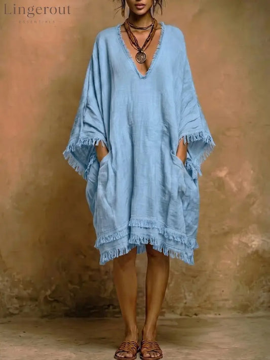 Bohemian Loose-fit Frayed Linen And Cotton Dress - LightBlue / S