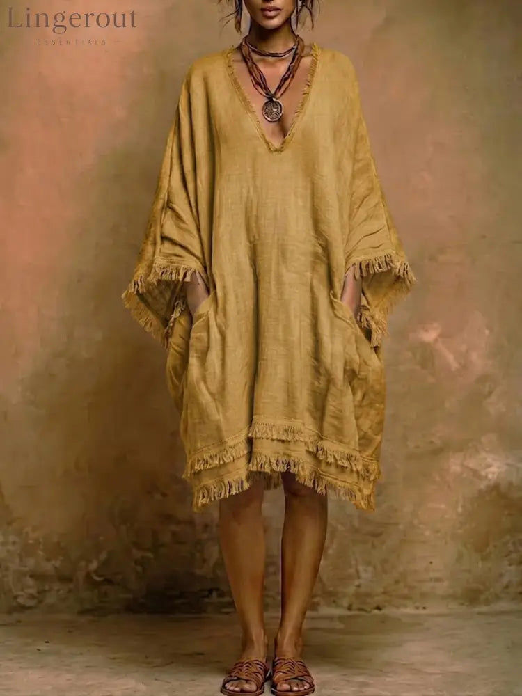 Bohemian Loose-fit Frayed Linen And Cotton Dress - Yellow / S