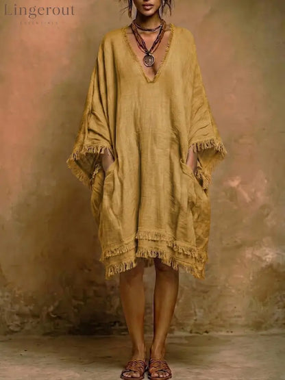 Bohemian Loose-fit Frayed Linen And Cotton Dress - Yellow / S
