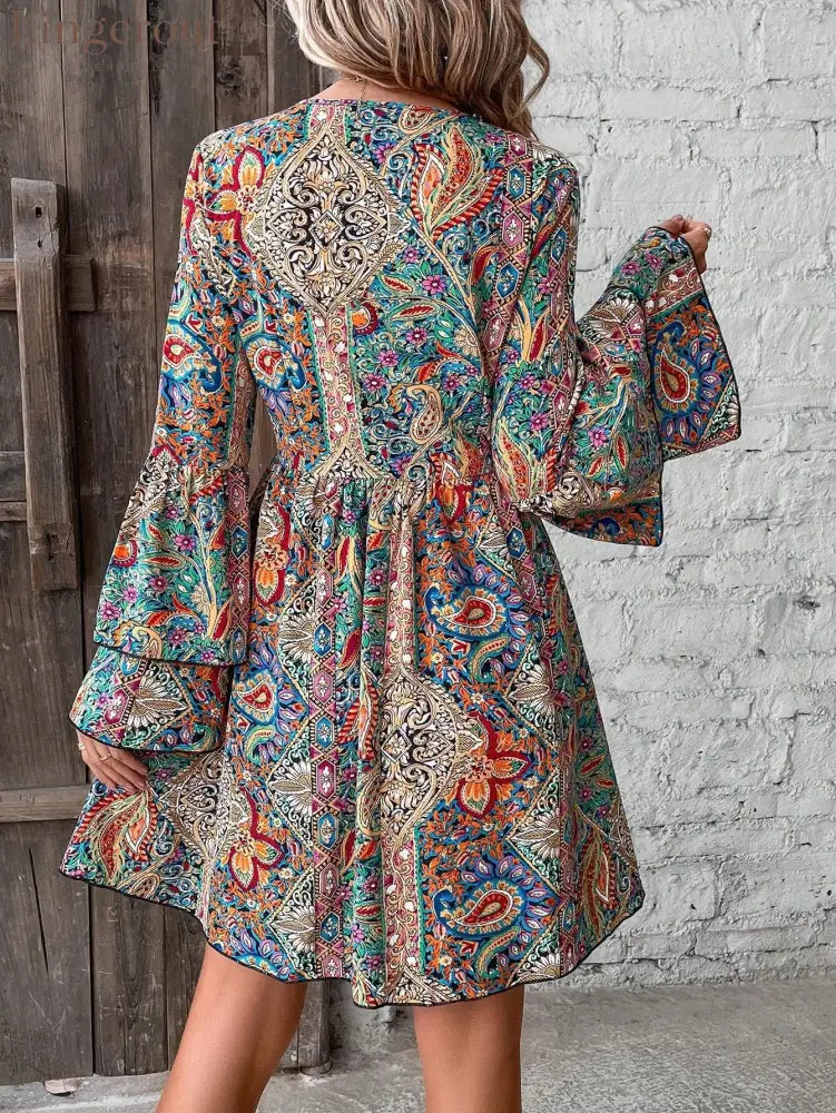 Bohemian Paisley Floral Bell Sleeve Dress