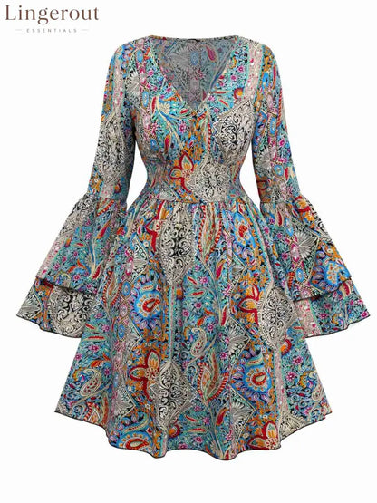 Bohemian Paisley Floral Bell Sleeve Dress