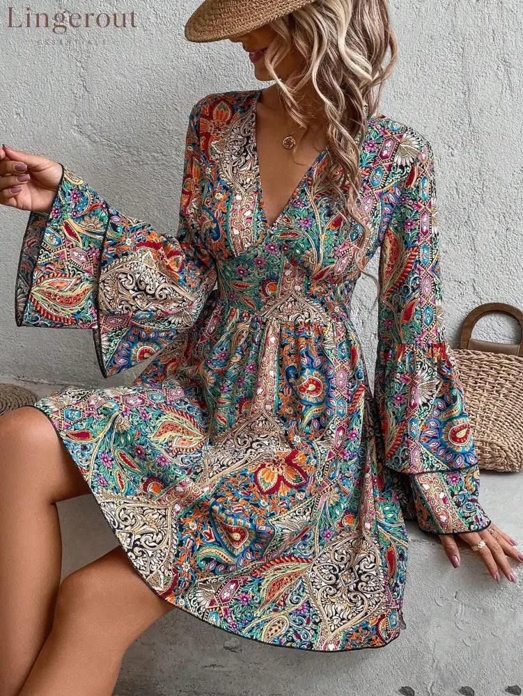 Bohemian Paisley Floral Bell Sleeve Dress