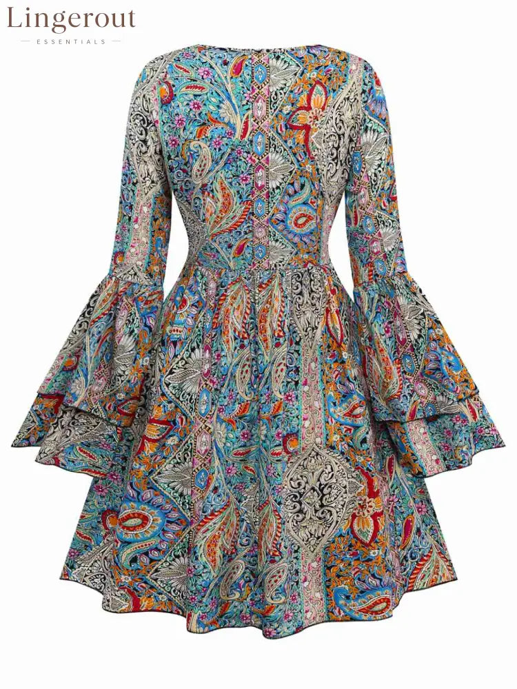 Bohemian Paisley Floral Bell Sleeve Dress