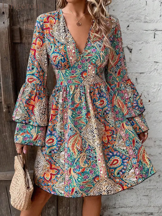 Bohemian Paisley Floral Bell Sleeve Dress - Multicolor / S