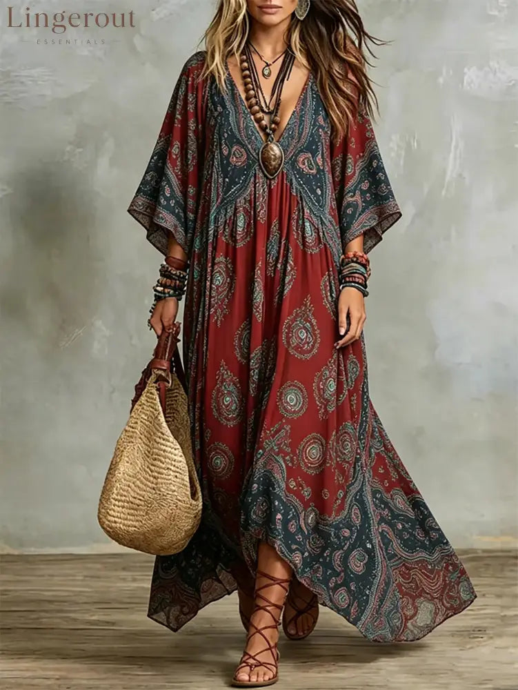 Bohemian Printed V‑Neck Kimono Sleeve Maxi Dress - Red / XL