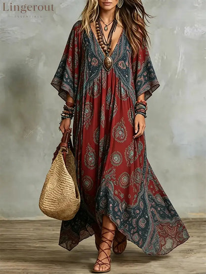 Bohemian Printed V‑Neck Kimono Sleeve Maxi Dress - Red / XL