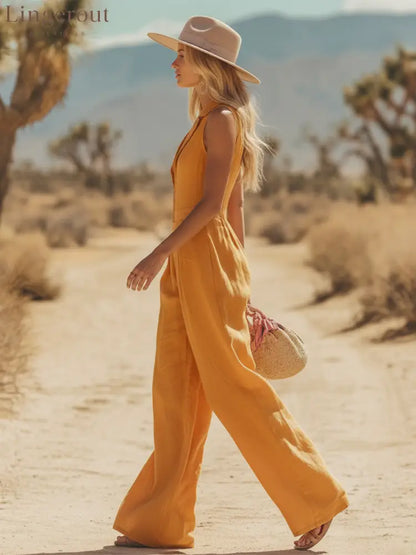 Bohemian Retro Western Lapel Sleeveless Cotton-Linen Jumpsuit