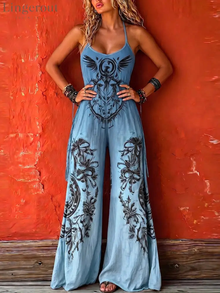 Bohemian-style Strappy Stretchy Jumpsuit - Blue / S