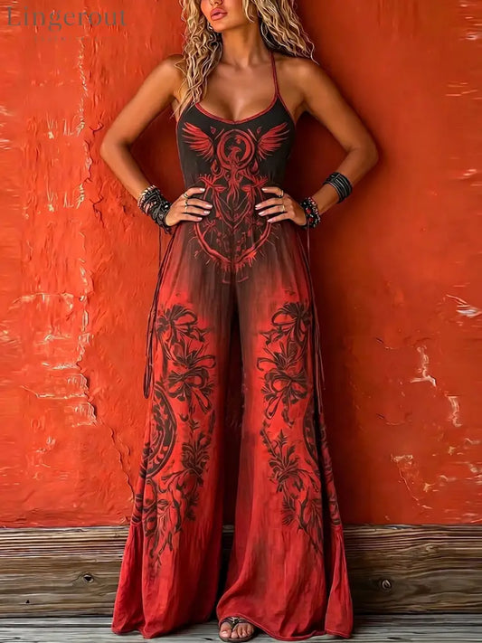 Bohemian-style Strappy Stretchy Jumpsuit - Red / S