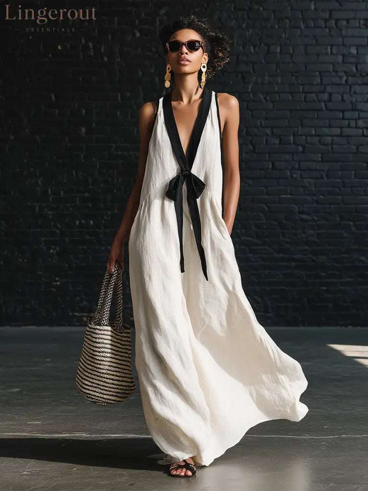 Bohemian Style White And Black Color Blocked Sleeveless V-neck Maxi Dress