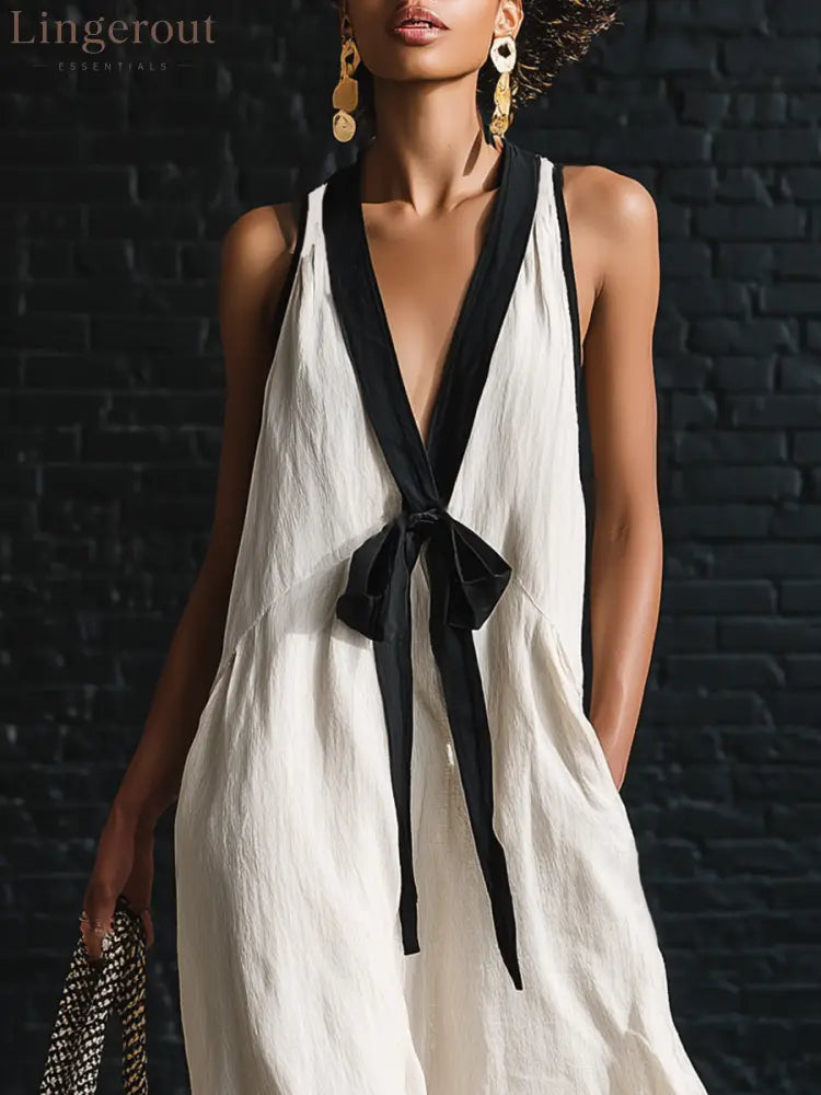 Bohemian Style White And Black Color Blocked Sleeveless V-neck Maxi Dress