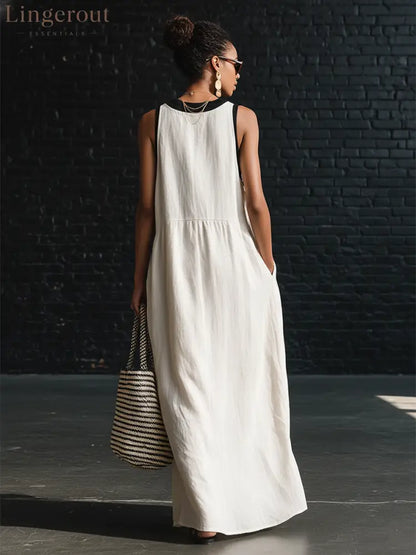 Bohemian Style White And Black Color Blocked Sleeveless V-neck Maxi Dress