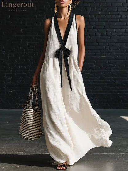 Bohemian Style White And Black Color Blocked Sleeveless V-neck Maxi Dress - White / S