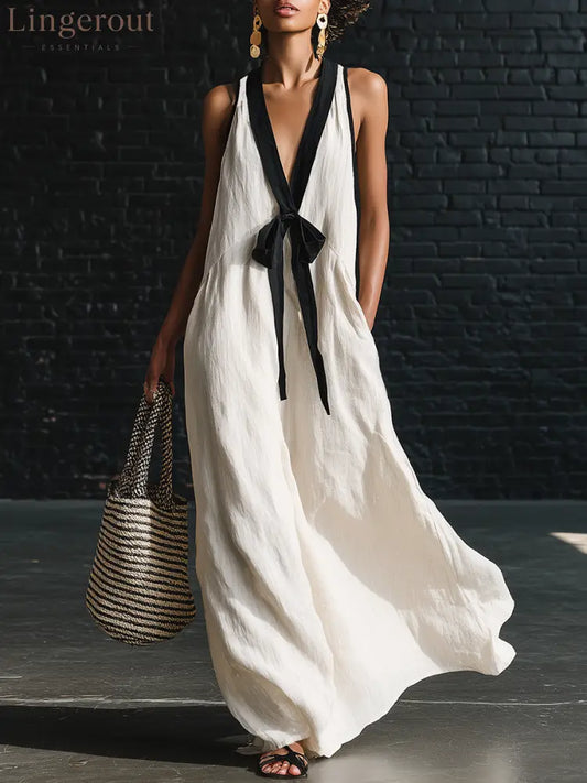 Bohemian Style White And Black Color Blocked Sleeveless V-neck Maxi Dress - White / S